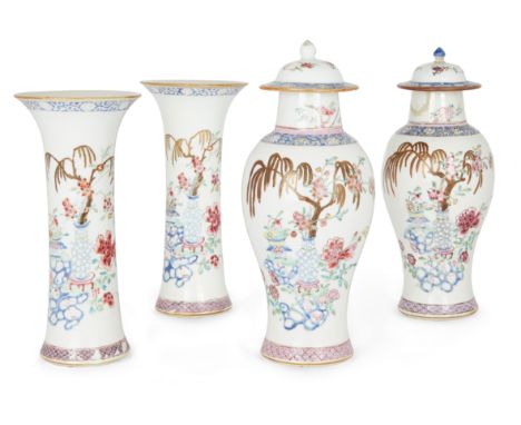 A part garniture of four Chinese famille rose vasesQing dynasty, Qianlong periodComprising: two flared vases painted with 'hu