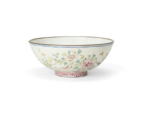 A Chinese painted enamel bowlQing dynasty, 18th/19th centuryDelicately painted to the exterior with butterflies among floweri