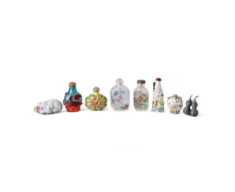 A group of eight Chinese snuff bottlesQing dynasty and later, 18th to 20th centuryComprising: a gilt and rouge-de-fer snuff b