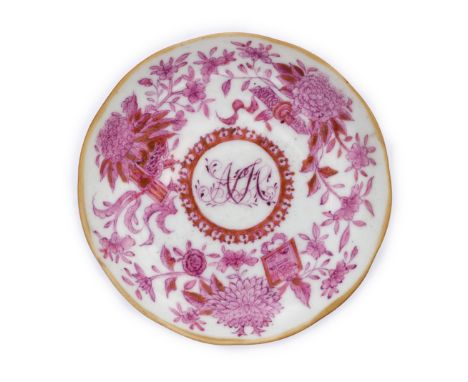 A Chinese 'pink Fitzhugh' style saucer dishQing dynasty, Tongzhi seal mark and of the periodThe initialled central roundel fu