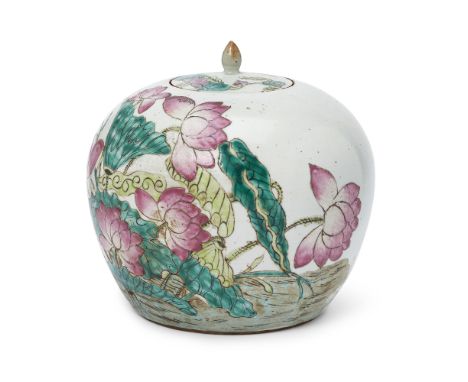 A Chinese famille rose 'lotus' jar and coverLate Qing/Republic periodOf globular form with rounded shoulders raised from a sh
