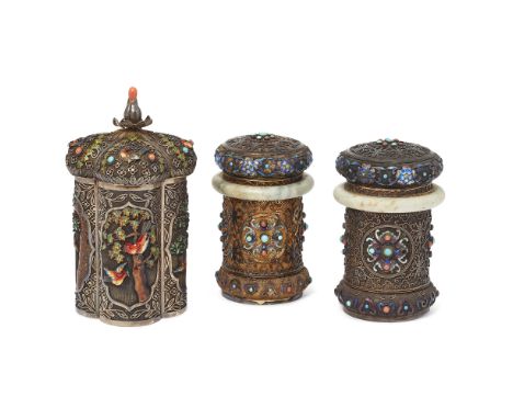 A pair of Chinese silver filigree covered jars and a similar covered jarMid-20th centuryThe pair set with turquoise and coral