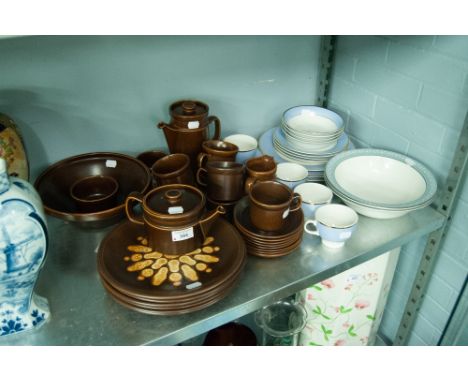 DOULTON TEA WARES FOR FOUR PERSONS - PLATES, SIDE PLATES, BOWLS, CUPS AND SAUCERS, A 'STERLING' WEDGWOOD COFFEE AND TEA SET F