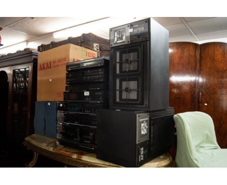 AIWA DIGITAL MUSIC SYSTEM TO INCLUDE AUTOMATIC TURNTABLE, A CD PLAYER, A STEREO AMPLIFIER, A CASSETTE DECK WITH TWO AFBS SPEA
