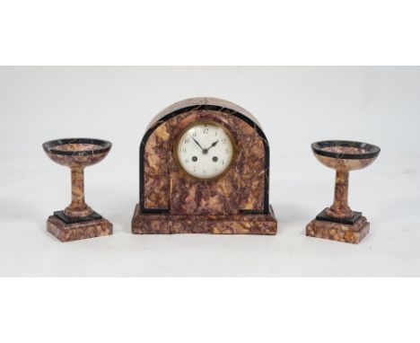 EARLY 1900s FRENCH VEINED BLACK AND PINK MARBLE CASE MANTEL CLOCK, with a pair of flanking PEDESTAL DISHES, the movement by F