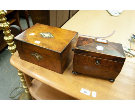 REGENCY MAHOGANY TWO DIVISION TEA CADDY, AND A VICTORIAN MOTHER O'PEARL INLAID BOX (BOTH A.F.) (2) 