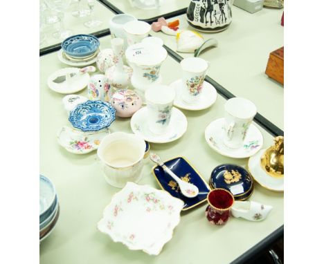 A SET OF THREE ROYAL WORCESTER CHINA TALL CUPS AND SAUCERS; WEDGWOOD CHINA URN SHAPED VASE AND A SMALL TRUMPET VASE; OTHER SM