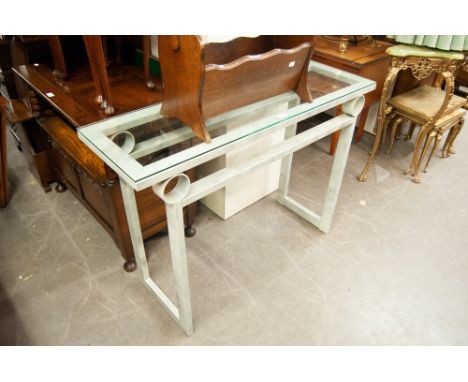 OBLONG GREY METAL FRAMED CONSOLE TABLE WITH GLASS TOP