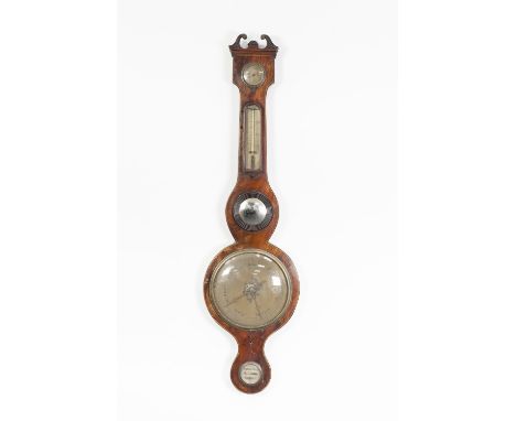 EARLY NINETEENTH CENTURY MAHOGANY AND LINE INLAID BAROMETER, the 8" silvered dial with brass bezel, set beneath a convex mirr
