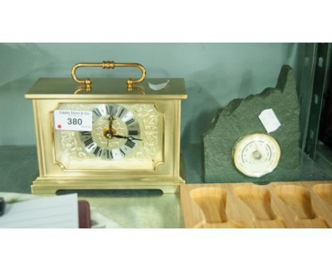 RHYTHM BATTERY MANTEL CLOCK AND SLATE CASED BAROMETER