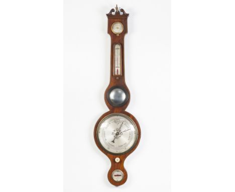 W. MARTINELLI, NINETEENTH CENTURY FIGURED MAHOGANY AND LINE INLAID WHEEL BAROMETER, the 8" silvered dial housed in a shaped c