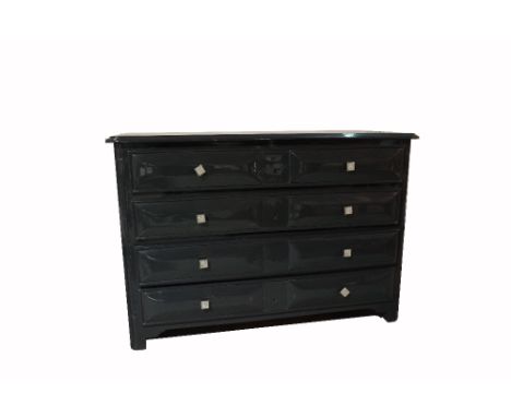 A pair of green lacquer chests of four long drawers on bracket feet, 128cm wide x 87cm high x 65cm deep. (2). 