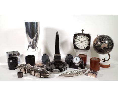A set of four Ralph Lauren Ayers pattern side plates, a chrome mantel clock, a chrome model of a car, a table top globe, a Ma