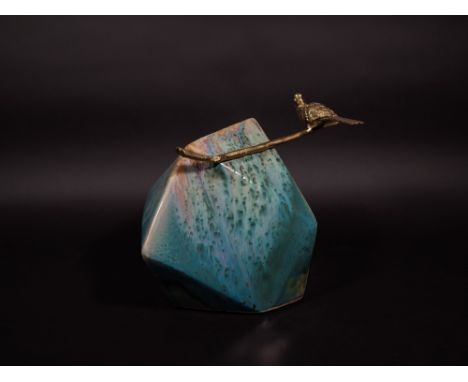 A similar pair of gilt metal birds perched on a branch, supported by a faceted streaked turquoise glazed ceramic base,  the l