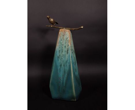 A similar pair of gilt metal models of a bird perched on a branch, supported by faceted streaked turquoise glazed ceramic bas