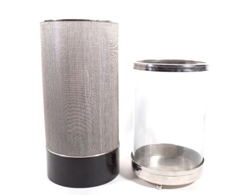 A chrome and glass hurricane lamp, 38cm high and a tea light holder with silver thread shade, 50cm high. 