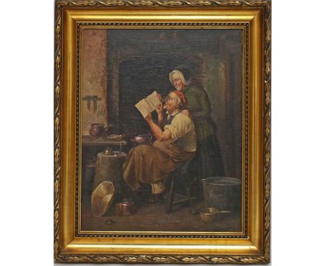 Jensen, Olaf Simony (1864 Dänemark 1923) Kesselschmied mit Frau in der Werkstatt. Öl/Lwd. (l. Altersspuren), re. u. sign. 49x