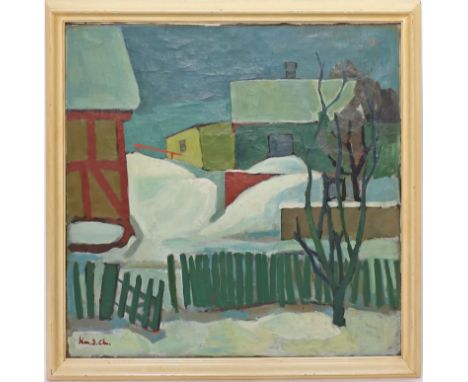 Christensen, Kai (geb. 1918 Kopenhagen) Winterlandschaft mit Gebäuden. Öl/Lwd., li. u. sign. 90x 100 cm. R.