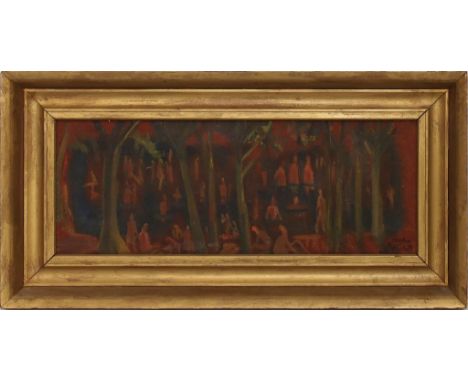 Preuschoff, Stephan (1907 Braunsberg - 1994 Berlin) Sommertag. Öl/Platte, re. u. sign. und dat. 1968. Ca. 17x 44,5 cm. R. Lit