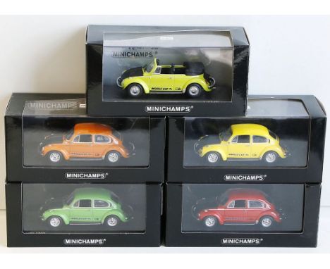 5 Modellautos, Minichamps 1:43. Verschiedene Ausführungen des VW-Käfers, limitierte Edition. Je in Originalverpackung, unbesp