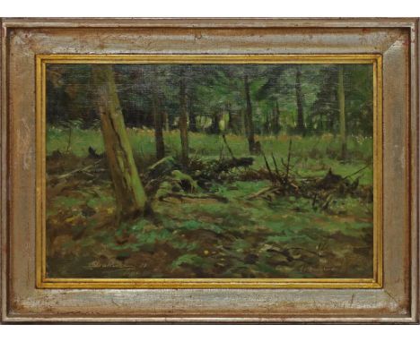 Drathmann, Christoffer (1856 Bremen - Berlin 1932) Waldlandschaft. Öl/Lwd./Platte, li. u. sign. und re. bez., verso Stempel N