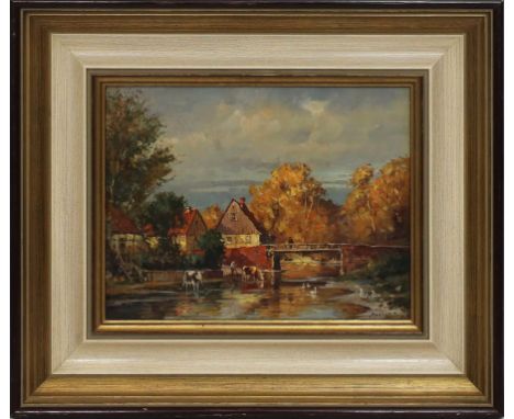 Mühlhausen, Hans-Ulrich (geb. 1915 Berlin) Dorf mit Flusslauf und Kühen am Ufer. Öl/Holz, re. u. signiert. Ca. 24x 30 cm. R.