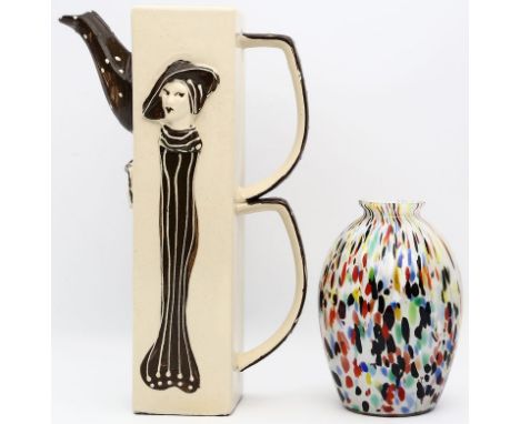 Krug und Vase. Barbotine-Fayence mit reliefierten Frauenmotiven bzw. mehrfarbiges Murano-Glas. L. Kratzer. 50er/60er Jahre. H