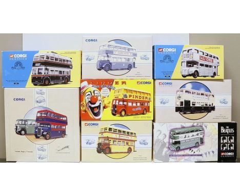 9 Modellautos "Doppeldeckerbusse", Corgi. Verschiedene Ausführungen und Art.-Nrn. Je in Originalverpackung (1x als 2er-Set). 