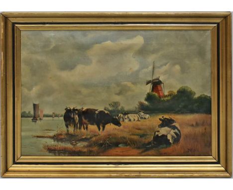 Unbekannter Maler (um 1939) Holländischer Kanallauf mit Kühen und Windmühle. Öl/Lwd. (Druckstelle, Farbverlust), re. u. monog