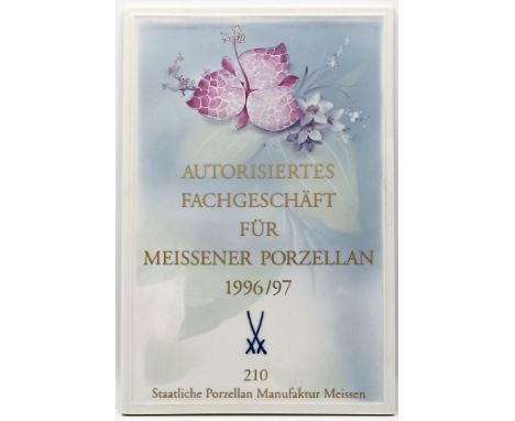 Wandplatte, Meissen. Porzellan. Buntes Blumendekor und Aufschrift "Autorisiertes Fachgeschäft für Meissener Porzellan 1996/97