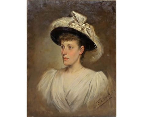 Freibach, C. (um 1894) Portrait einer Frau mit Hut. Öl/Lwd. (l. Kratzer, kl. Rest.), re. sign. und dat. (18)94. Ca. 74x 58 cm