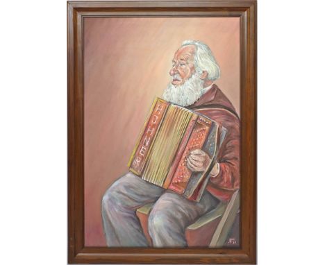 Franke, R. (Berliner Maler, 2. Hälfte 20. Jh.) Portrait "Spitze Karle" mit Akkordeon. Öl/Lwd., re. u. monog. und dat. (19)81.