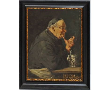 Jensen, Olaf Simony (1864 Dänemark 1923) Mönch mit Krug und Zigarette. Öl/Karton, li. u. sign. 26x 20 cm. R.