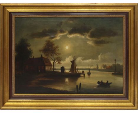 Meer, Pieter (Maler der Düsseldorfer Schule 19. Jh.) Holländische Flusslandschaft mit Fährhaus und Boot bei Mondschein. Öl/Lw