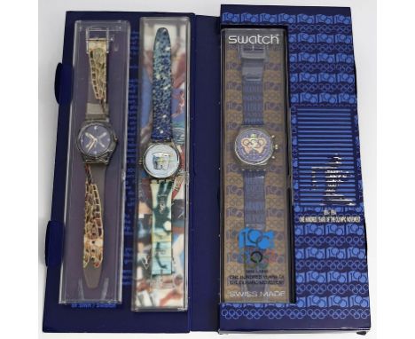 3 Swatch-Uhren. Verschiedene Ausführungen, dabei "100 years of the Olympic Movement 1994". Quarzwerke (Funktionen nicht geprü