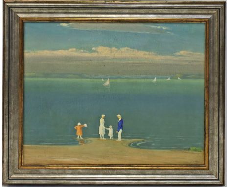 Unbekannter Maler (20. Jh.) Familie mit 2 Kindern am Ufer. Öl/Lwd., re. u. unleselich bez. Ca. 44x 54,5 cm. R. 