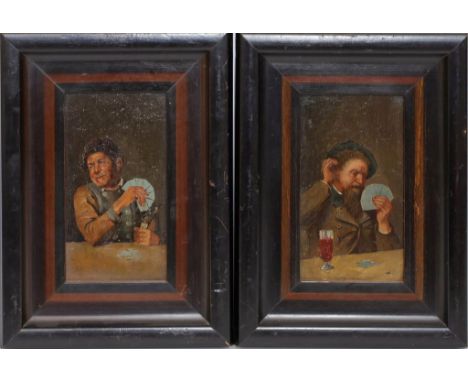 Pendants: Je mit Kartenspieler. Öl/Platte (l. restuschiert). Ca. 20,5x 11,5 cm. R.