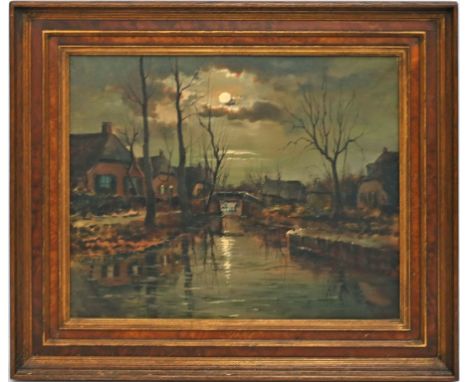 Wesseling (1. Drittel 20. Jh.) Häuser an Fluss im Mondschein. Öl/Lwd., re. u. sign. "Wesseling". Ca. 50,5x 60,5 cm. R. 