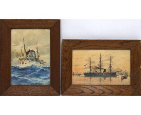 Marinemaler (um 1900) 2 Arbeiten mit Schiffen. Aquarell (je besch.), je u. unleserlich sign. "R. Erhart?" und dat. Ca. 36x 25