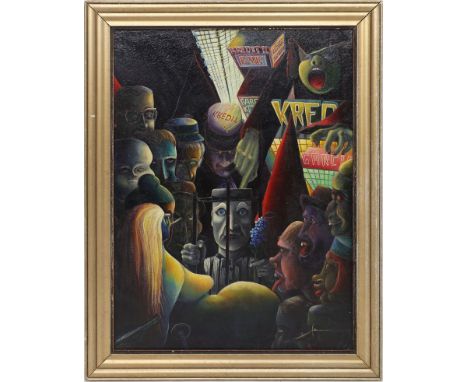 Unbekannter Maler (20. Jh.) Skurrile Gesellschaft - "GARCIA KREDIT", so im Werk bez. Öl/Platte (Altersspuren). Ca. 80,5x 60,5
