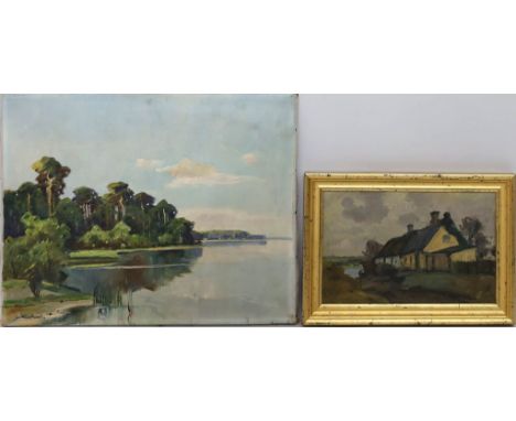 Landschaftsmaler (1. Hälfte 20. Jh.) Uferlandschaft und Landschaft mit Haus an Bachlauf. Öl/Lwd., 1x sign. Ca. 40x 50 cm bzw.