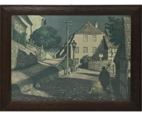 Hartig, Hans (1873 Carwin - Berlin 1936) Straße mit Nachtwächter. Lithographie, im Stein sign. Um 1912. 42x 55 cm. Eichenrahm