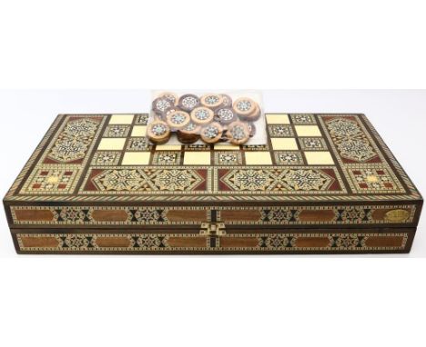 Backgammon-Spiel. Holz mit farbig bedruckter Auflage. L. bespielt. 20. Jh. 50x 25x 8 cm. 