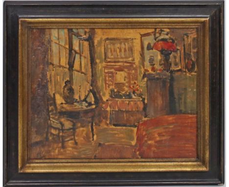 Marcel (um 1900/Anf. 20. Jh.) Studienhafte Darstellung eines Interieurs. Öl/Karton (Alters- und Gebrauchsspuren), li. u. sign