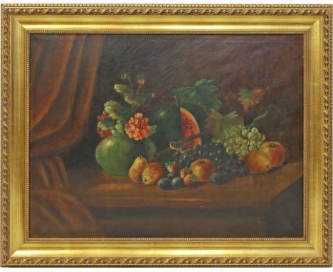 Unbekannter Maler (Anf. 20. Jh.) Blumenstillleben mit Früchten. Öl/Lwd., re. u. unleserlich sign. Ca. 75x 100 cm. R.