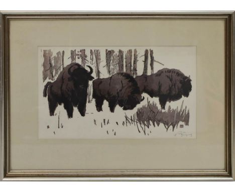 Trofimov, Vadim (1912-1981) Bisons im Schnee. Linoschnitt, (min. fleck), re. u. mit Bleistift sign., um ca. 1955. Ca. 25x 42 