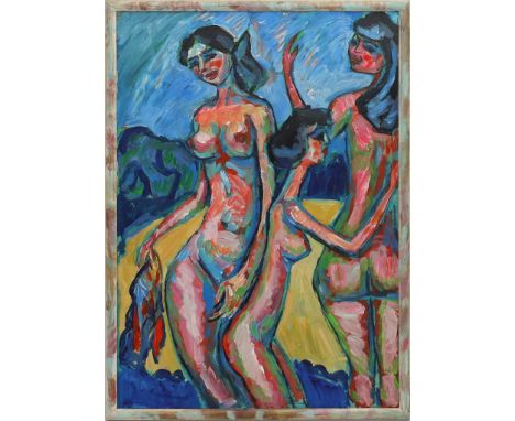 Frantzousov, Juri (geb. 1946 Novosibirsk) "Baden". Acryl/Karton, rückseitig monog. und wohl sign. 70x 50 cm. R.