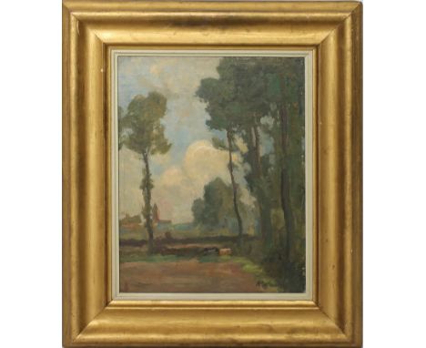 Lasch, Carl Hermann (1861 Düsseldorf 1926) Landschaft mit Kirchturm. Öl/Lwd./Platte, re. u. sign. 47x 37 cm. R.