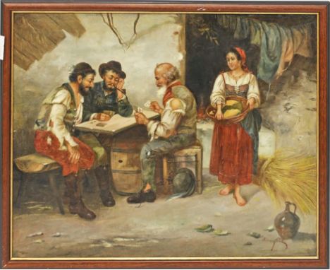 Unbekannter Maler (Ende 19. Jh.) 3 Herren beim Kartenspiel. Öl/Lwd. (kl. Rest.), re. u. unleserlich sign. "Körosy Pal?". 55x 