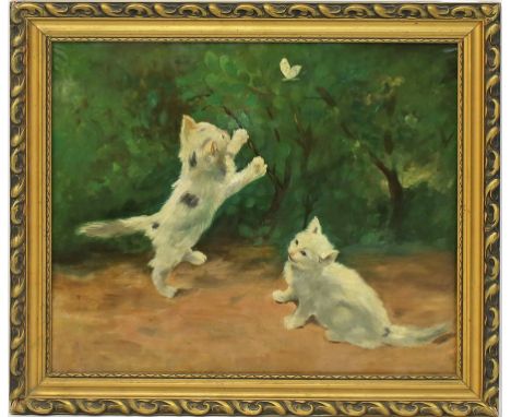 Unbekannter Maler (1. Drittel 20. Jh.) 2 Katzenkinder, einen Schmetterling fangend. Öl/Lwd. (rest.). Ca. 50x 60 cm. R.